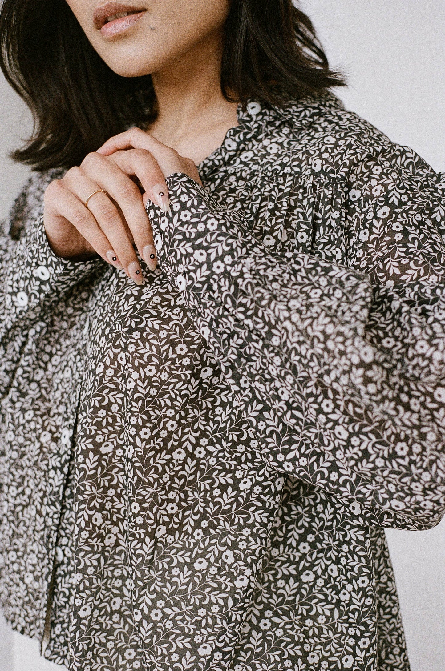 Gathered Blouse | Black Ditsy Floral Pattern