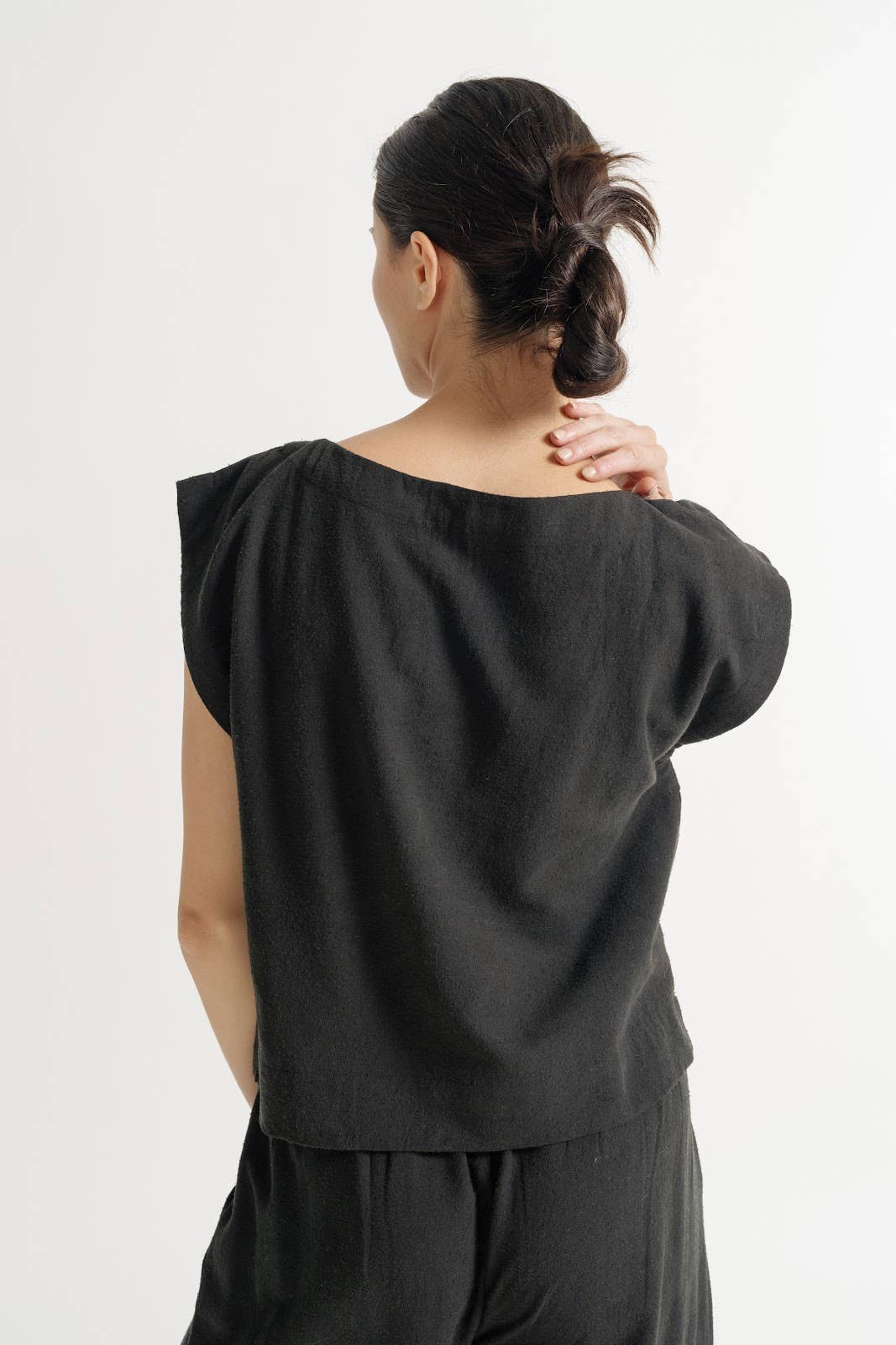 Sleeveless Black Silk Noil Top