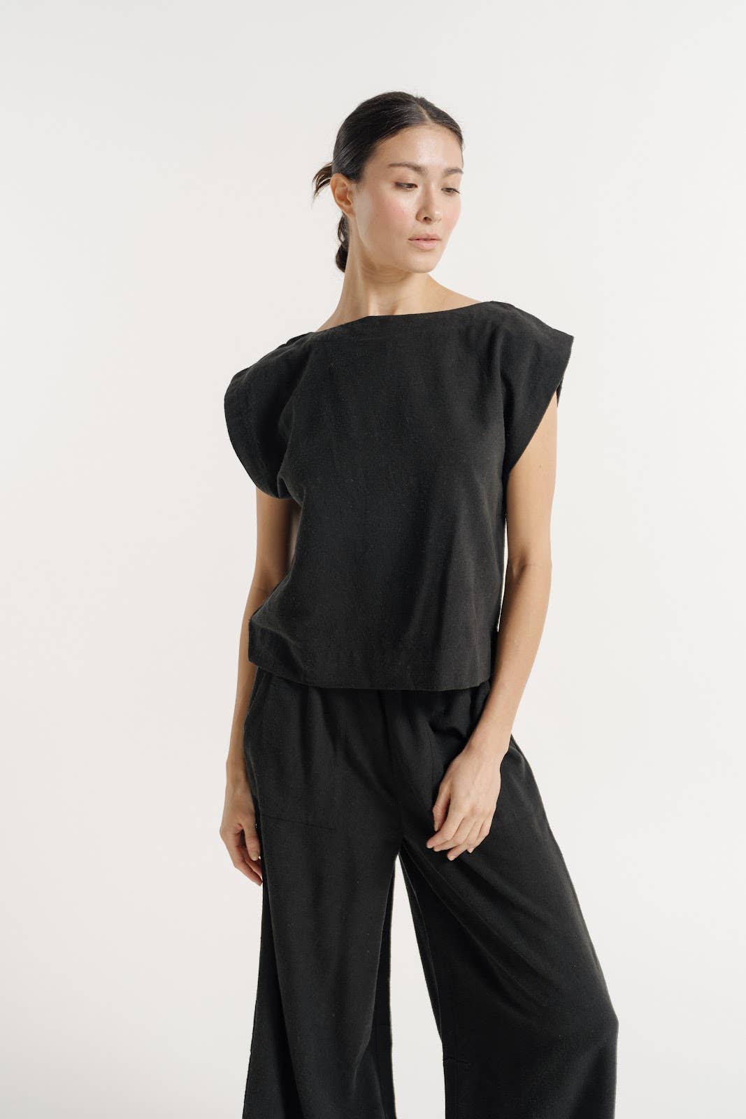 Sleeveless Black Silk Noil Top