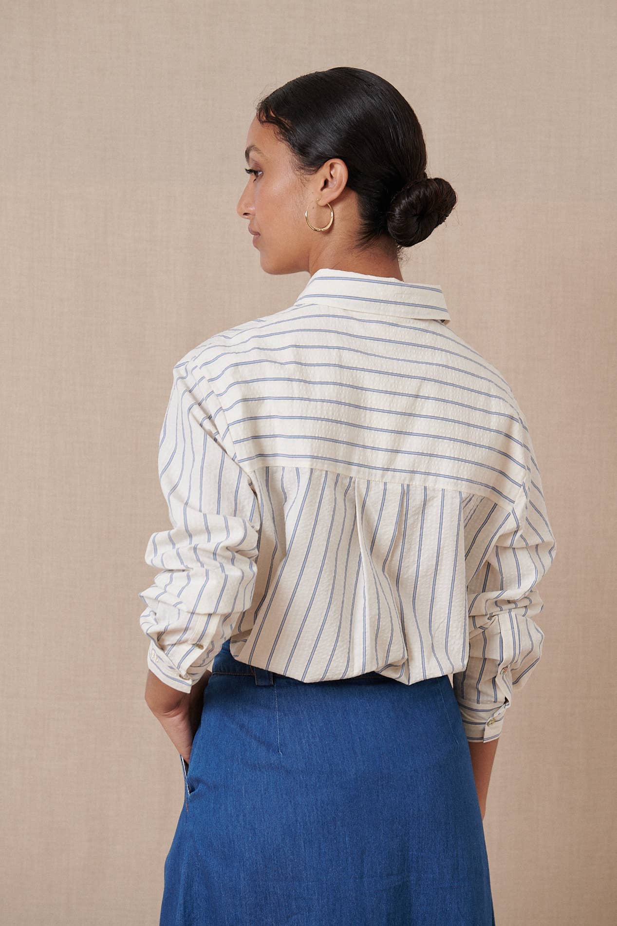 Long Sleeve Blue + White Striped Cotton Blouse