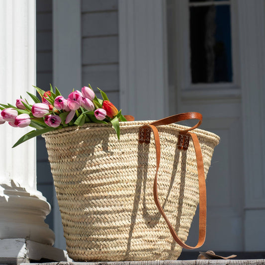 Parisian Hand Woven Market Tote Basket with Leather Handle + Shoulder Straps