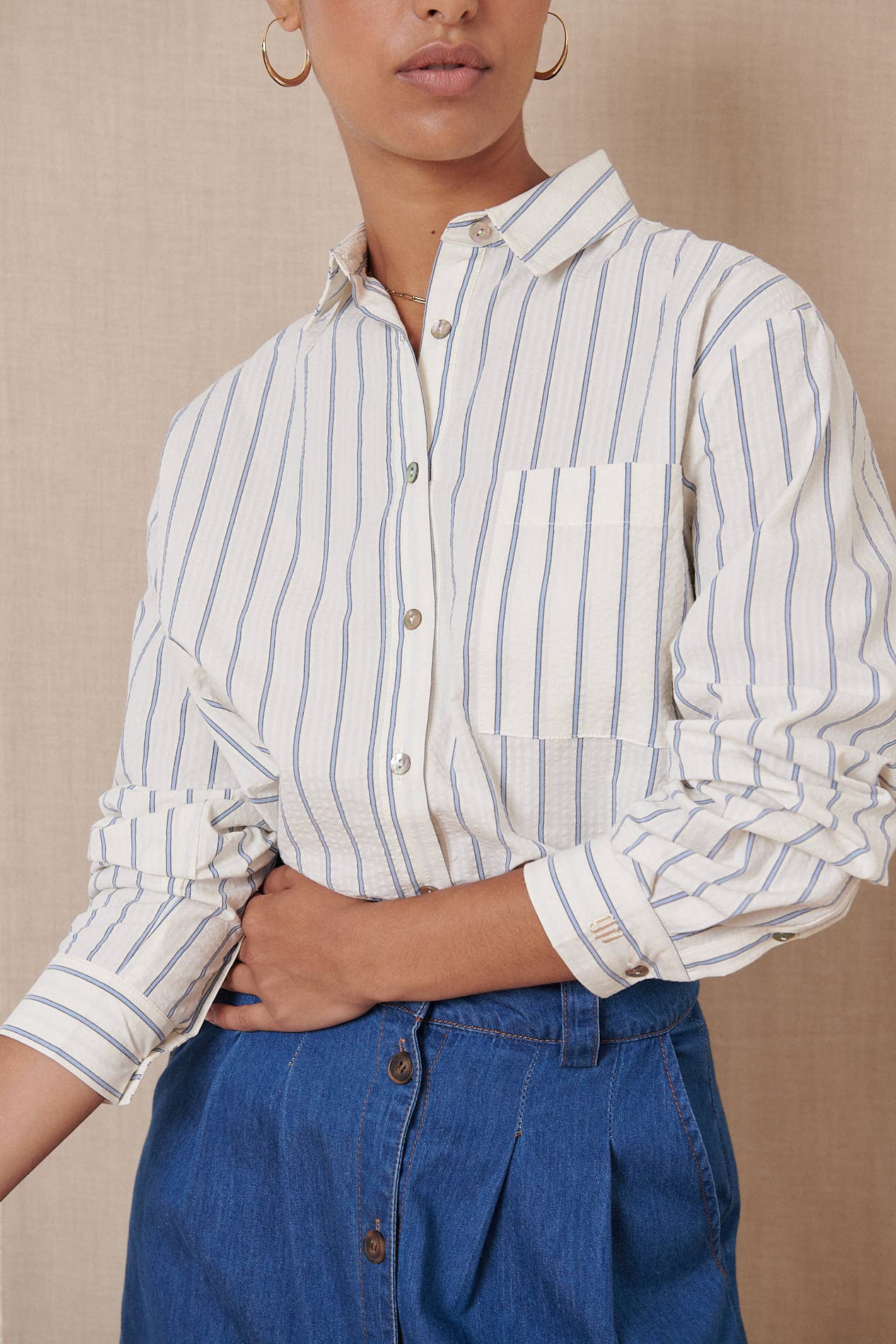 Long Sleeve Blue + White Striped Cotton Blouse