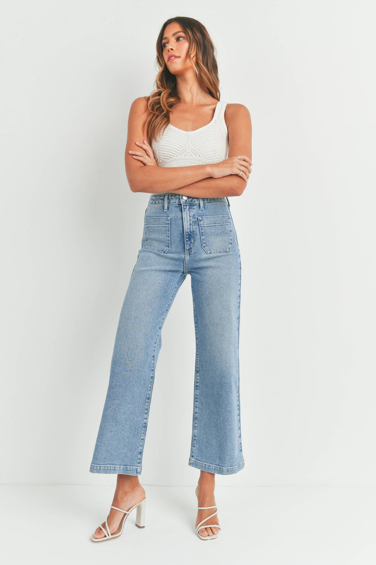 Patch Pocket Wide Leg Denim Jeans