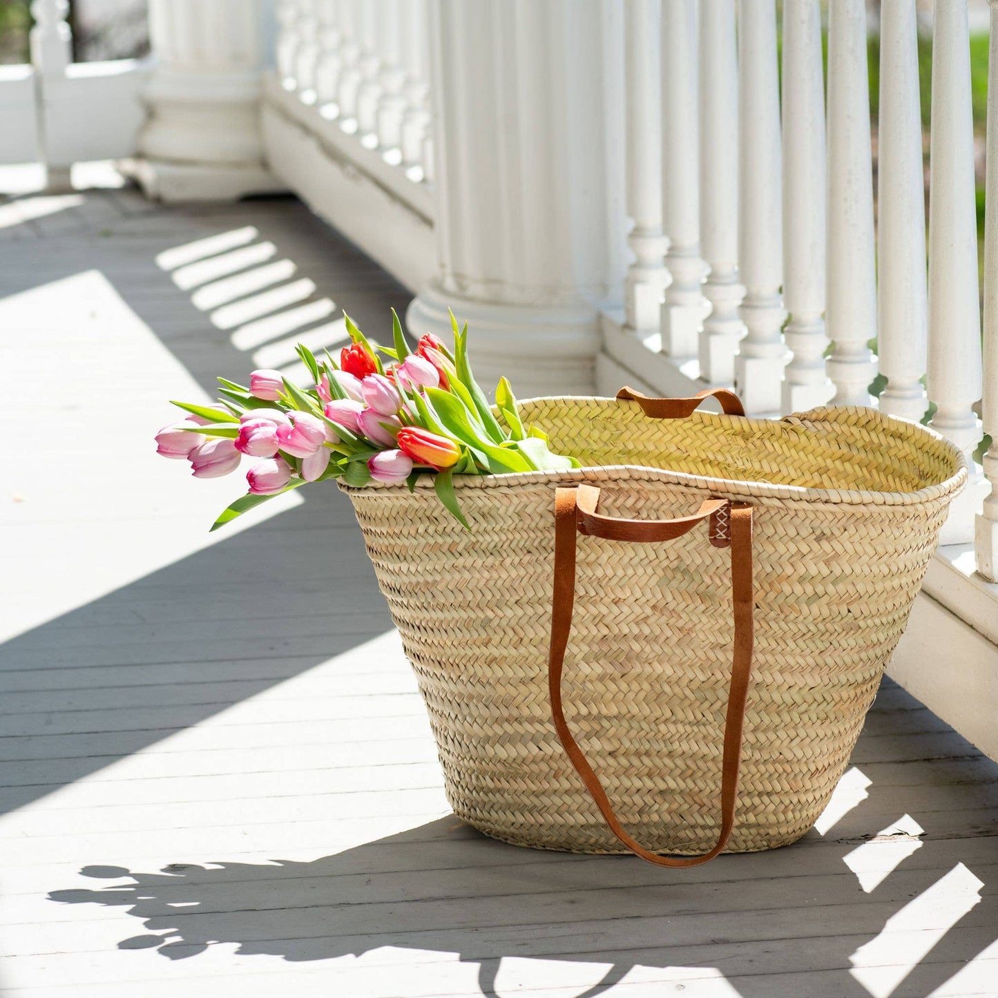 Parisian Hand Woven Market Tote Basket with Leather Handle + Shoulder Straps