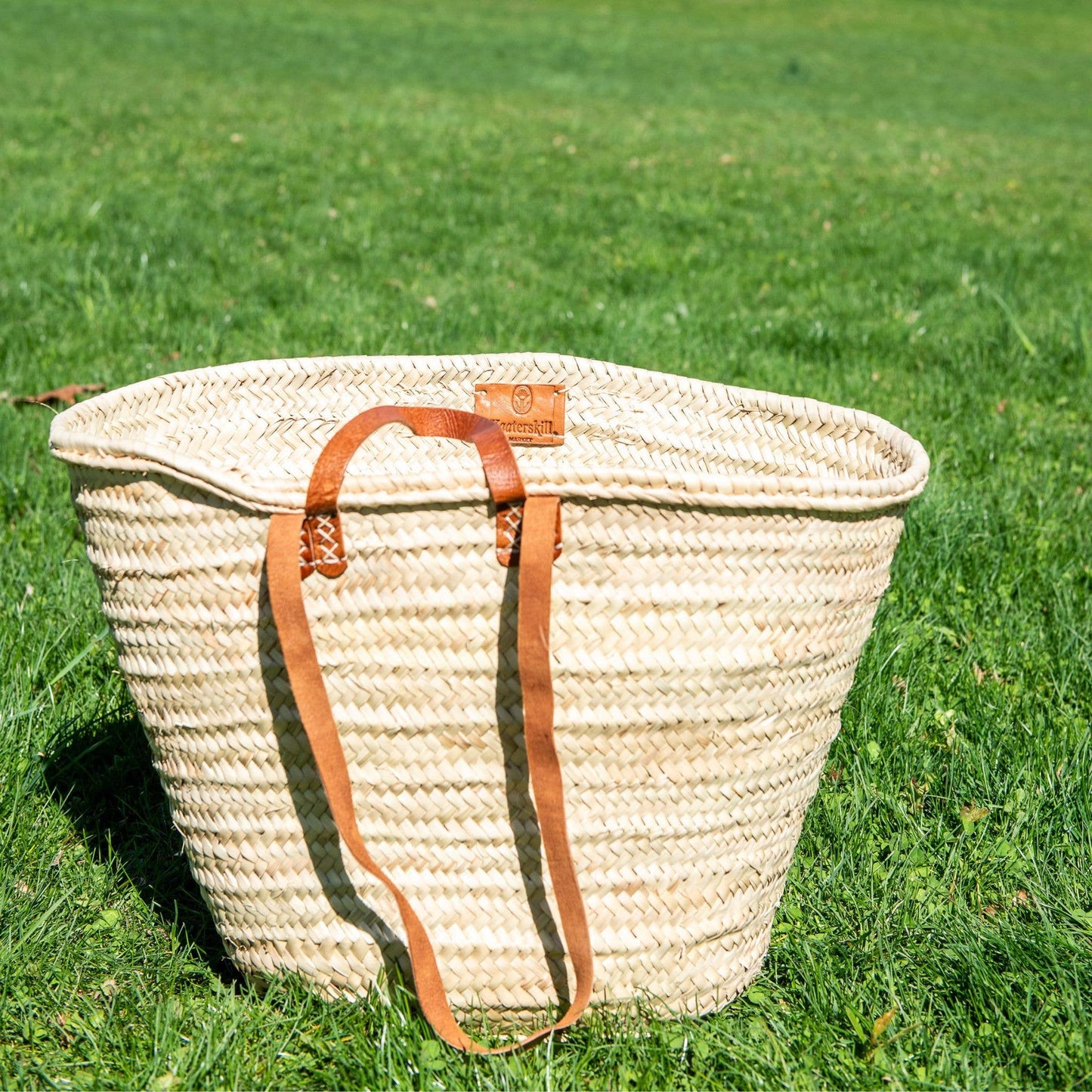 Parisian Hand Woven Market Tote Basket with Leather Handle + Shoulder Straps