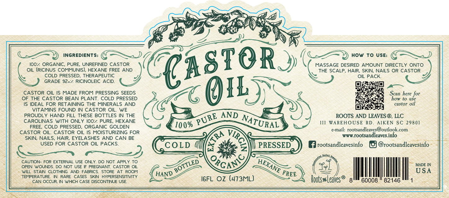 Roots + Leaves Organic Cold Pressed Hexane Free Castor Oil