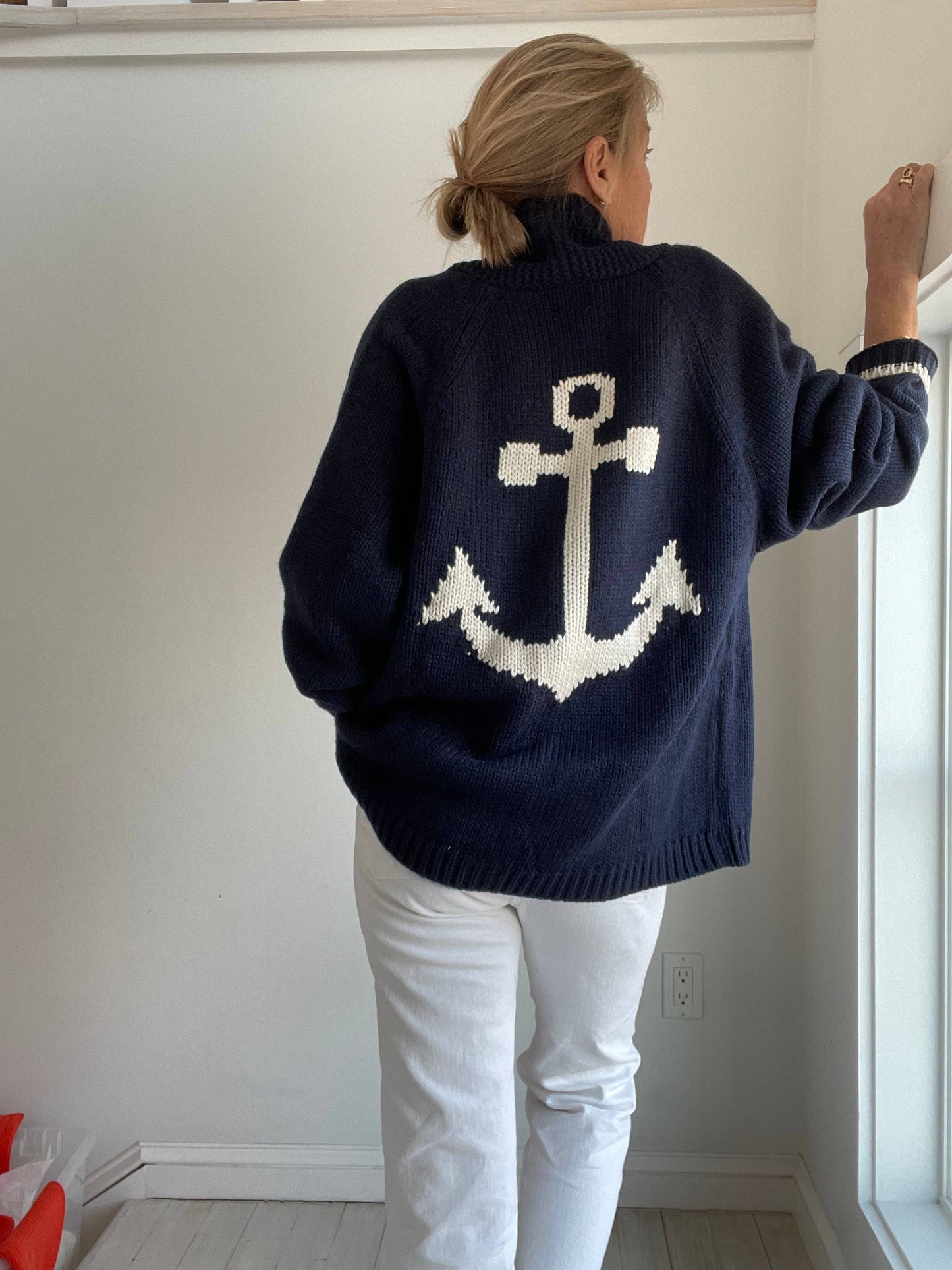 Chunky Rolled Collar Navy & White Anchor Cardigan