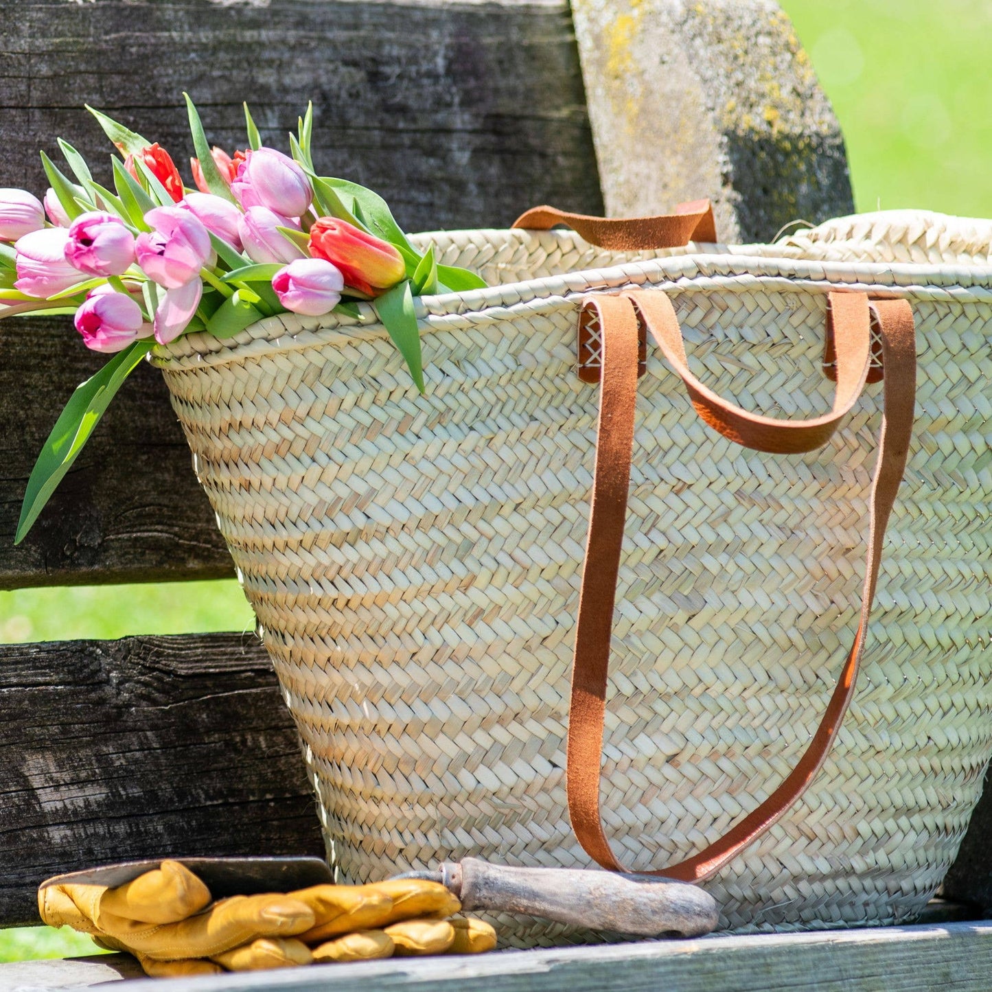 Parisian Hand Woven Market Tote Basket with Leather Handle + Shoulder Straps