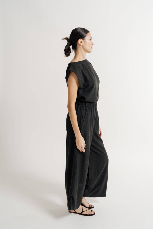 Cropped Wide-Leg Elastic Waistband Black Silk Noil Pants