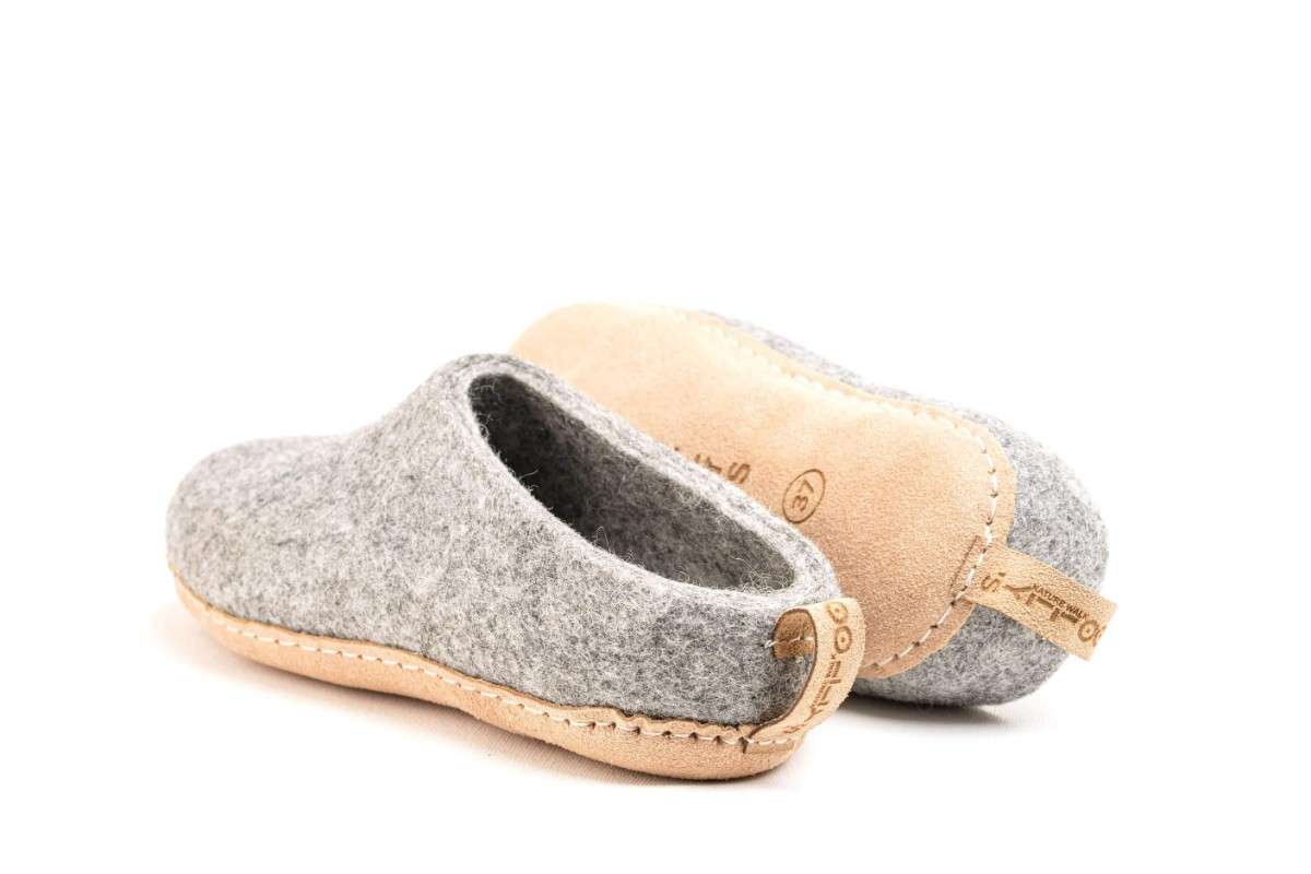 Indoor Open Heel Slippers With Leather Sole - Natural Grey