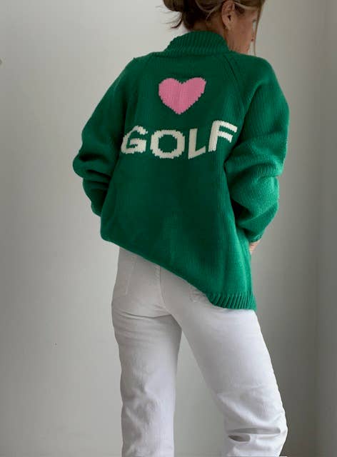 Chunky Rolled Collar Green Love Golf Cardigan