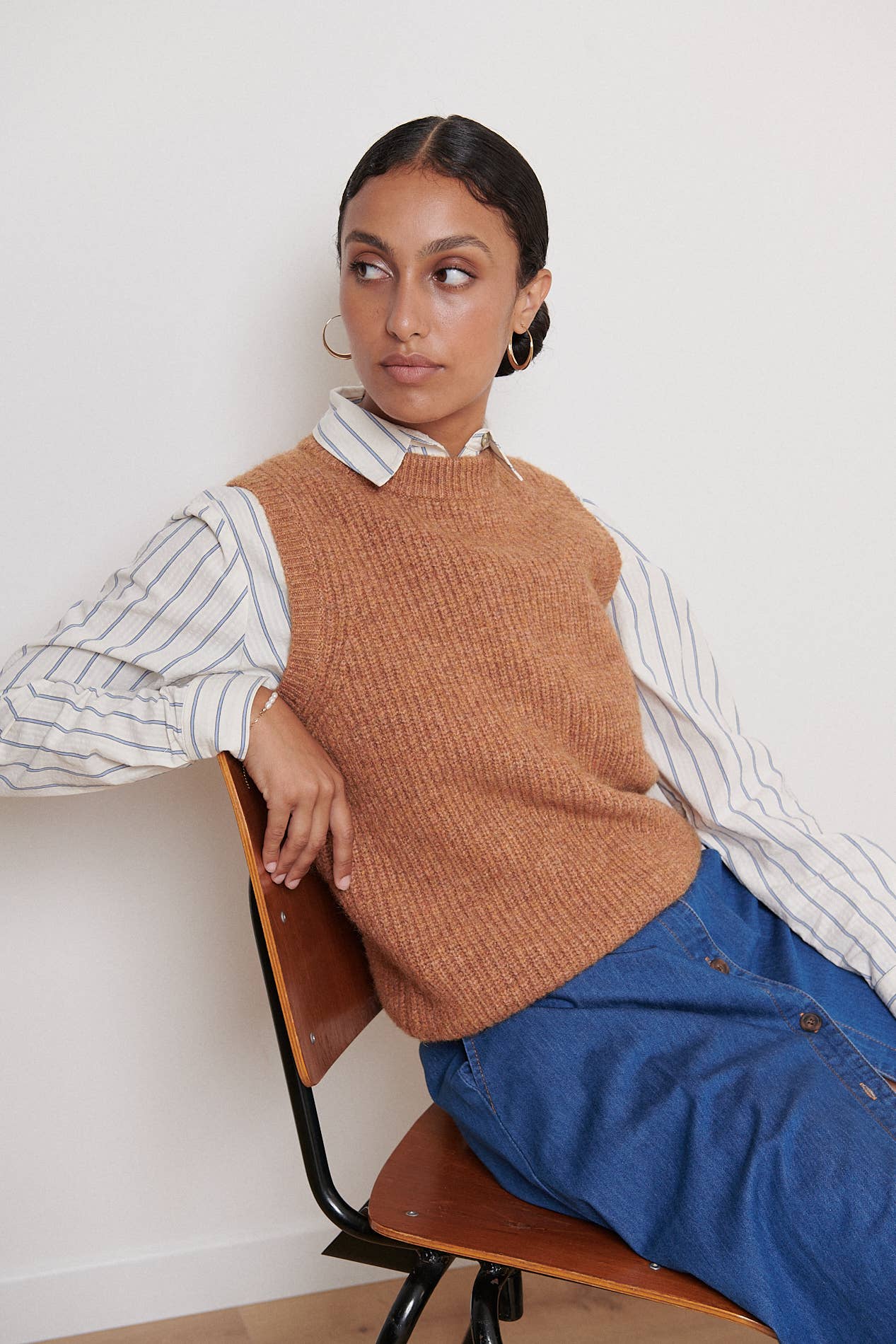 Long Sleeve Blue + White Striped Cotton Blouse