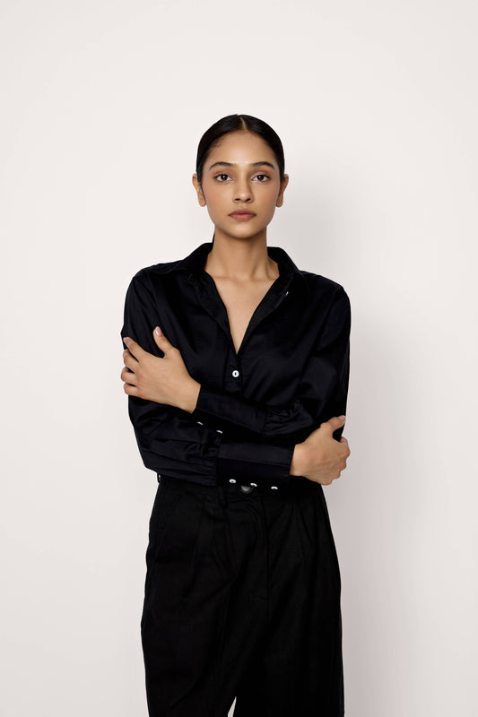 Black Poplin Button Down Shirt