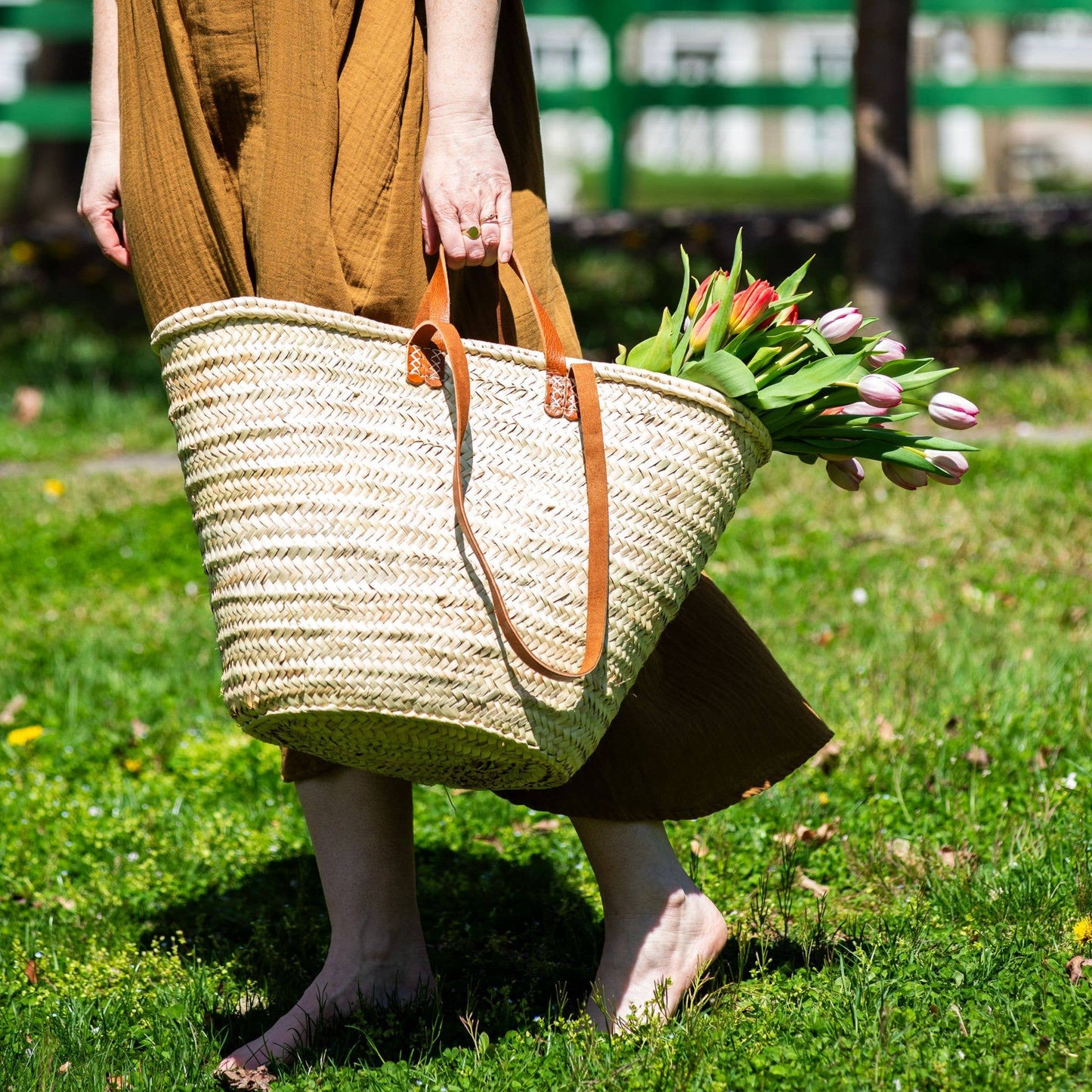 Parisian Hand Woven Market Tote Basket with Leather Handle + Shoulder Straps