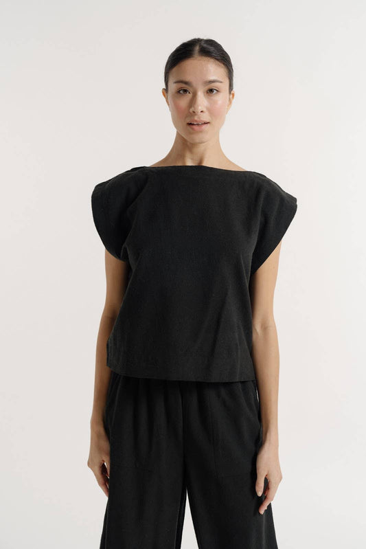 Sleeveless Black Silk Noil Top