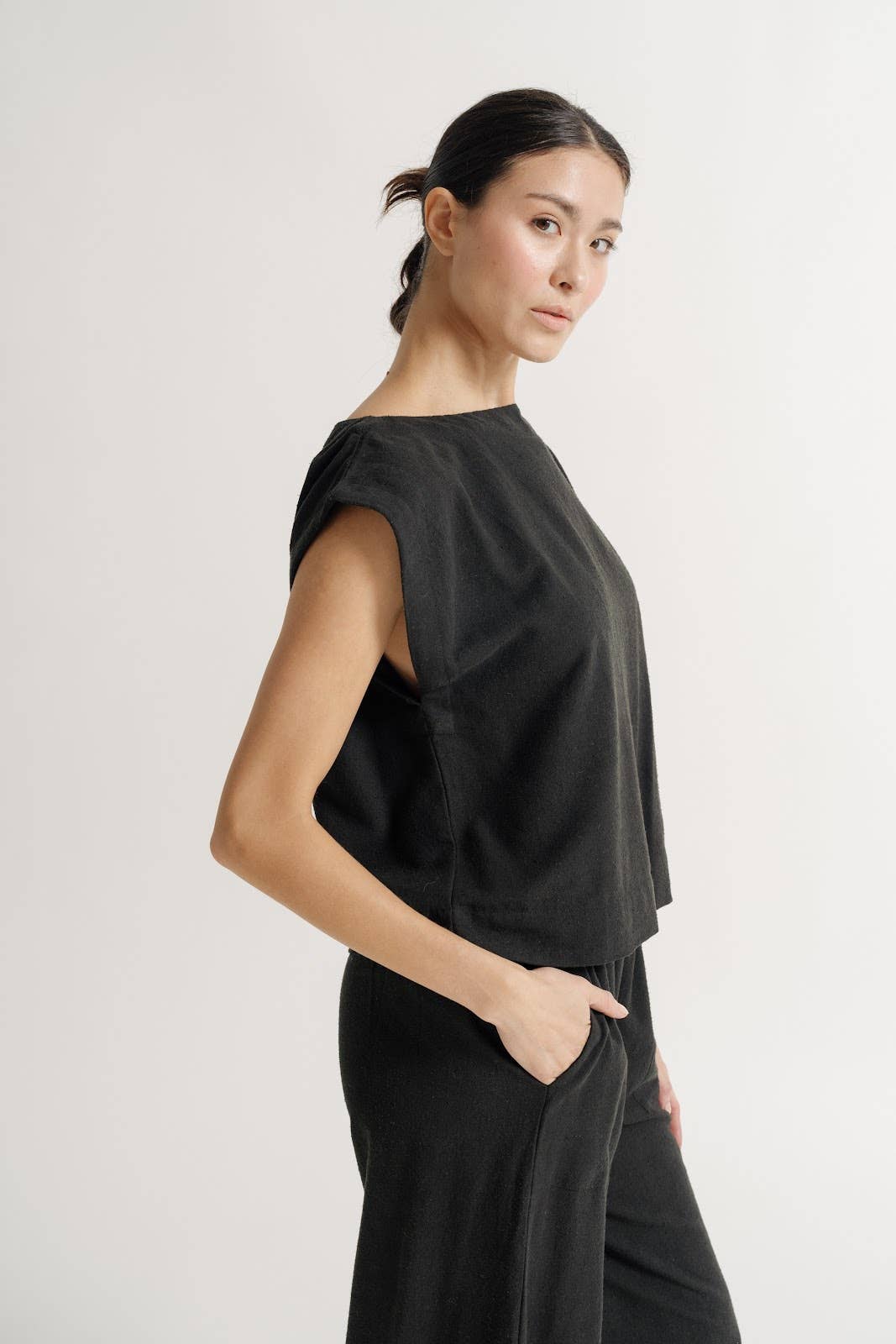 Sleeveless Black Silk Noil Top