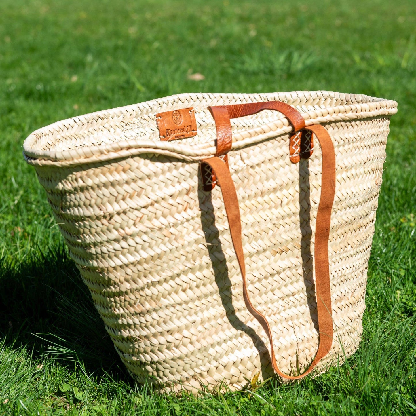 Parisian Hand Woven Market Tote Basket with Leather Handle + Shoulder Straps