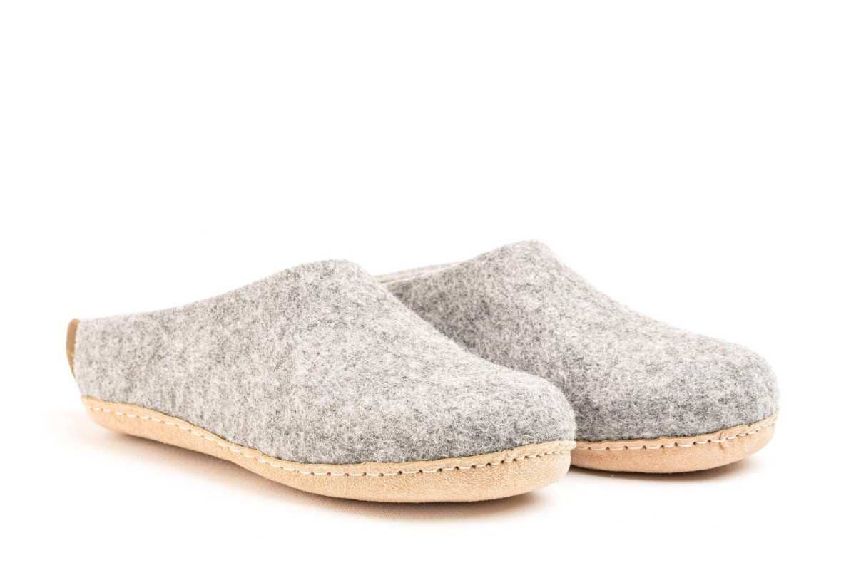 Indoor Open Heel Slippers With Leather Sole - Natural Grey